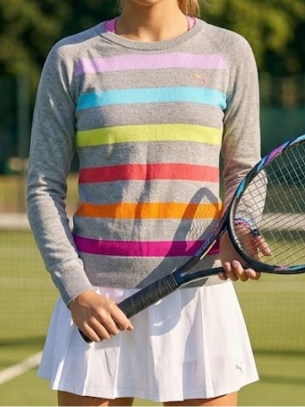 Vintage Puma Heather Gray & Rainbow Stripe Crewneck Long Sleeve Sweater